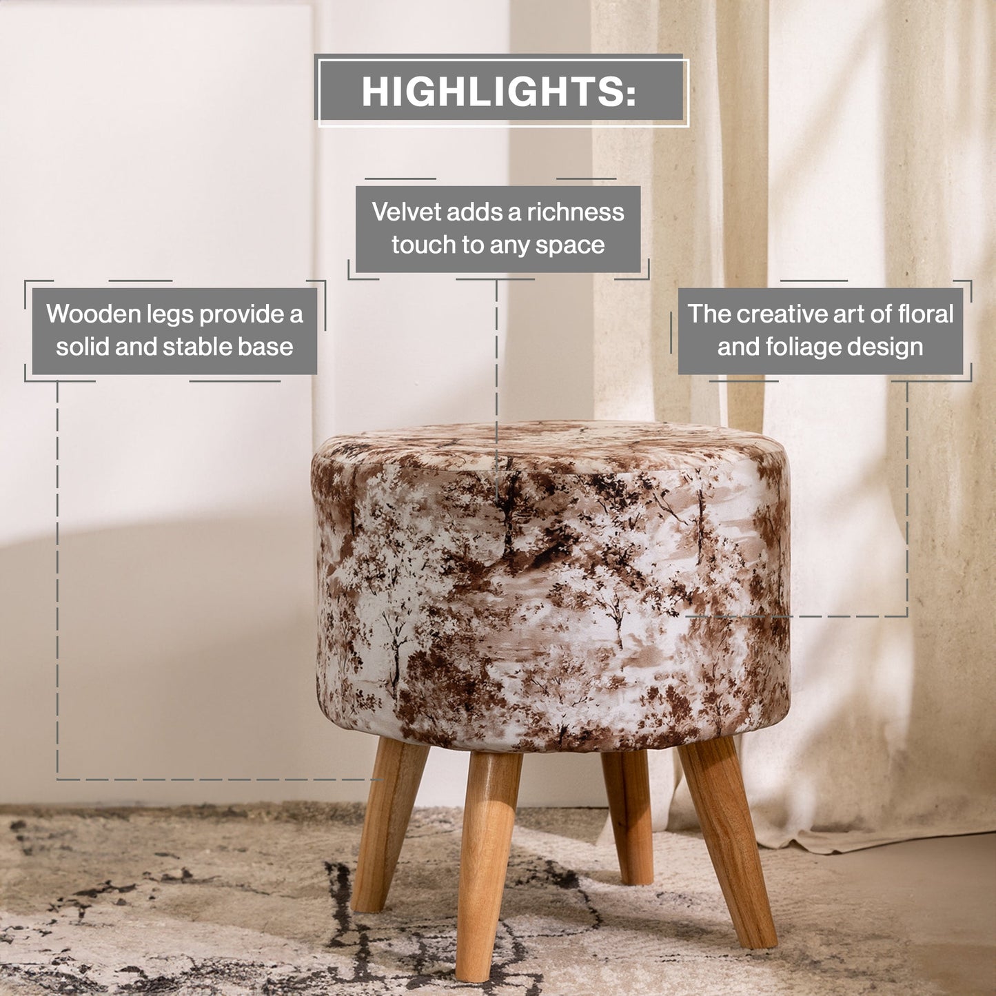 Printed Ottoman Pouff Stool In Brewed Bean - Combo Of 2