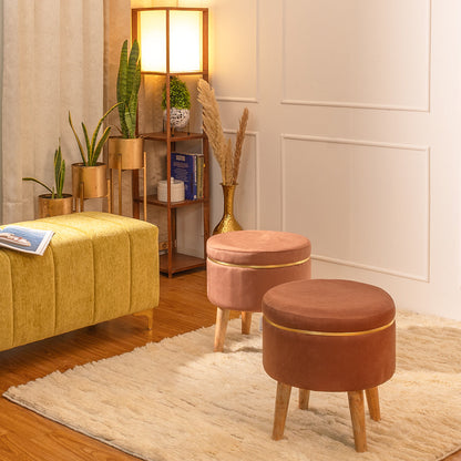 Ottoman Stool With Piping In Oak Brown - Combo Of 2