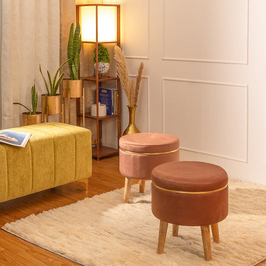 Ottoman Stool With Piping In Oak Brown - Combo Of 2