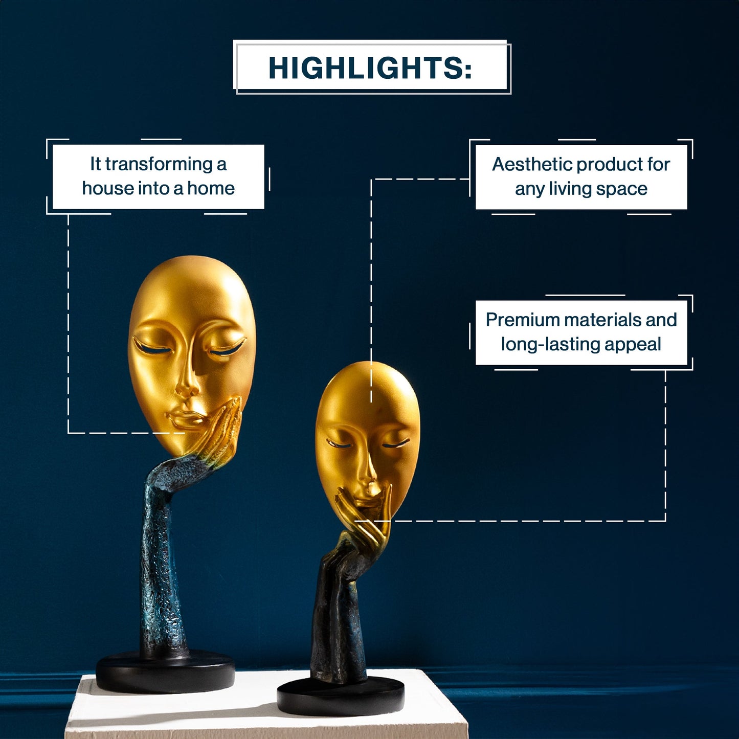 Abstract The Golden-Blue Thinker Lady Statue Face Art For Home Decor