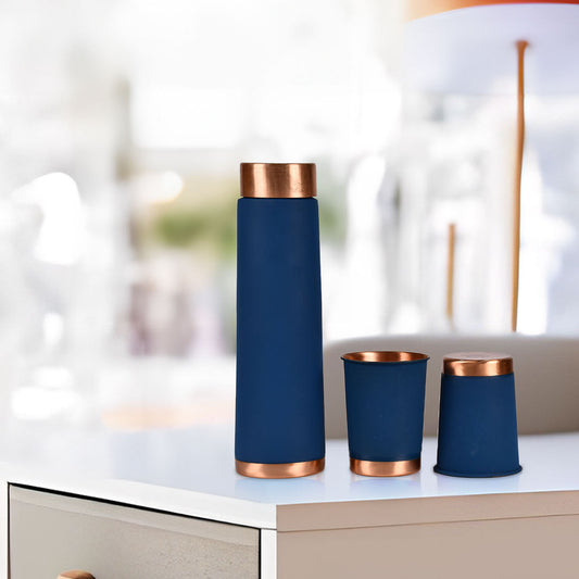 Matte Copper Water Bottle in Blue with 2 Glasses for Kitchen Decor
