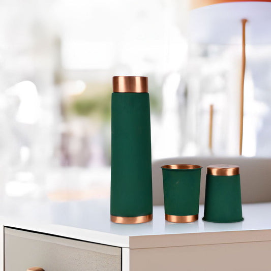 Matte Copper Water Bottle in Green with 2 Glasses for Kitchen Decor