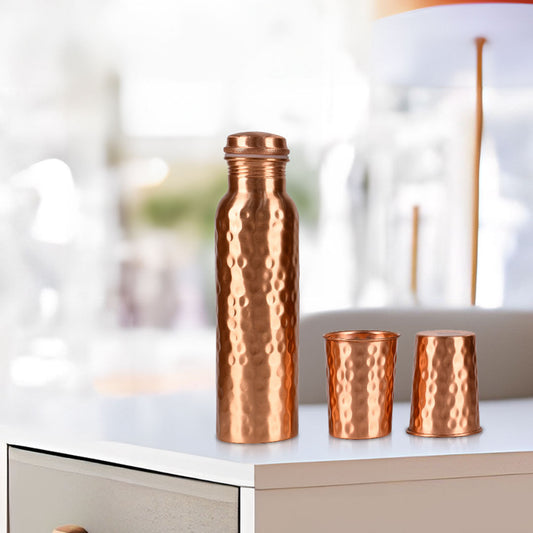 Hammered Style Copper Water Bottle with Two Glasses for Kitchen Decor