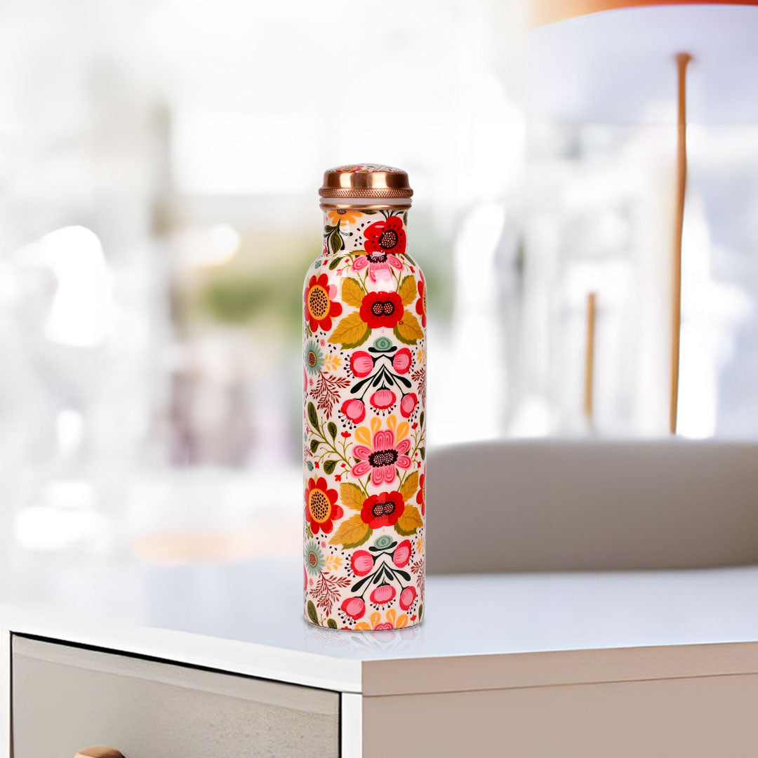 Meenakari Copper Water Bottle 1 Litre In Red For Kitchen Decor