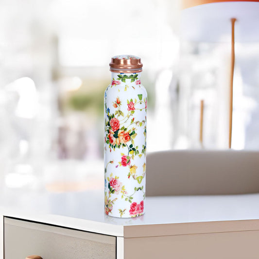 Meenakari Copper Water Bottle 1 Litre In White For Kitchen Decor