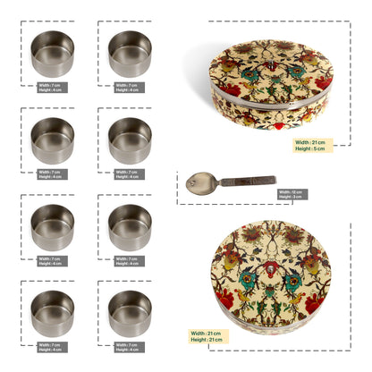 Stainless Steel Round Spice Box Masala Box Dabba for Kitchen Decor-Peach Floral Prints Pattern