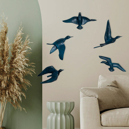 Resin Flying Birds Wall Hanging In Antique Azure (Set Of 5)