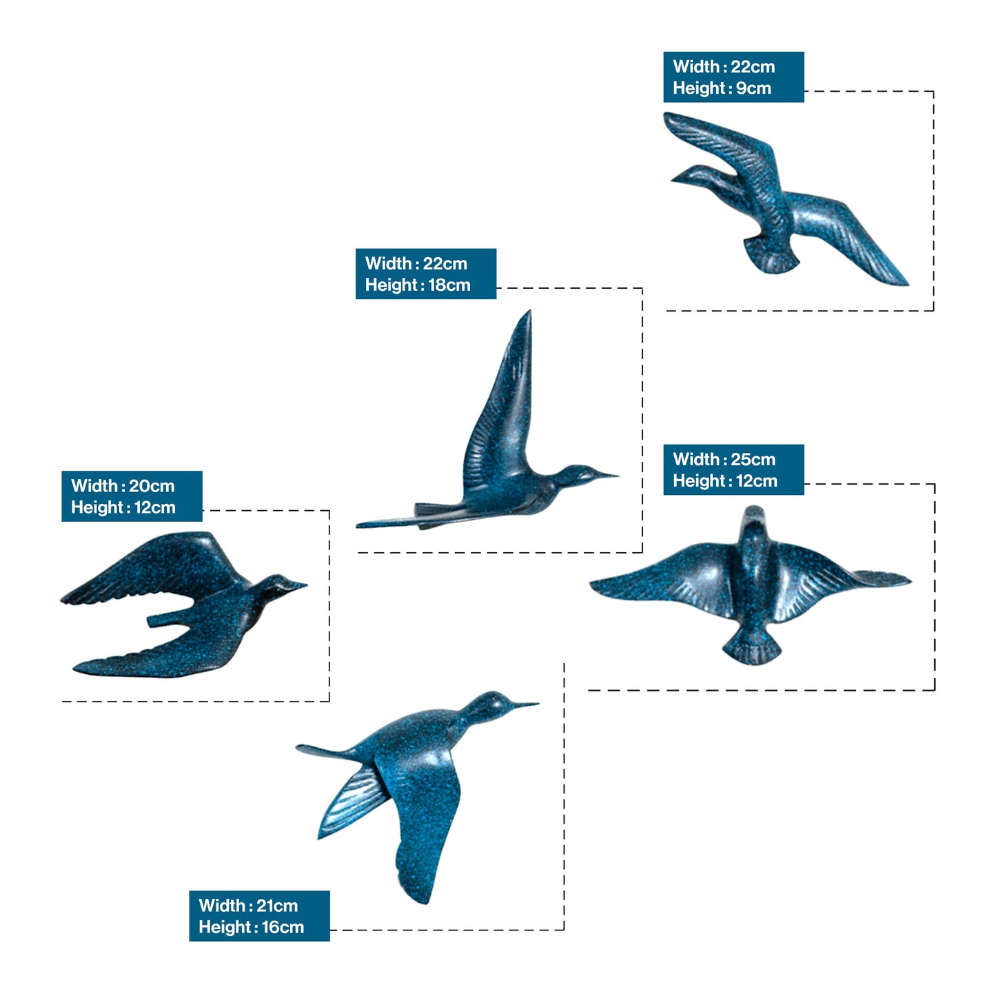 Resin Flying Birds Wall Hanging In Antique Azure (Set Of 5)