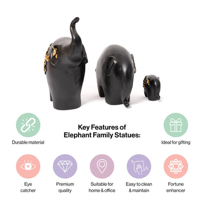 Polyresin Black Golden Elephant Statue Figurine for Home Decor-Family Set of 3