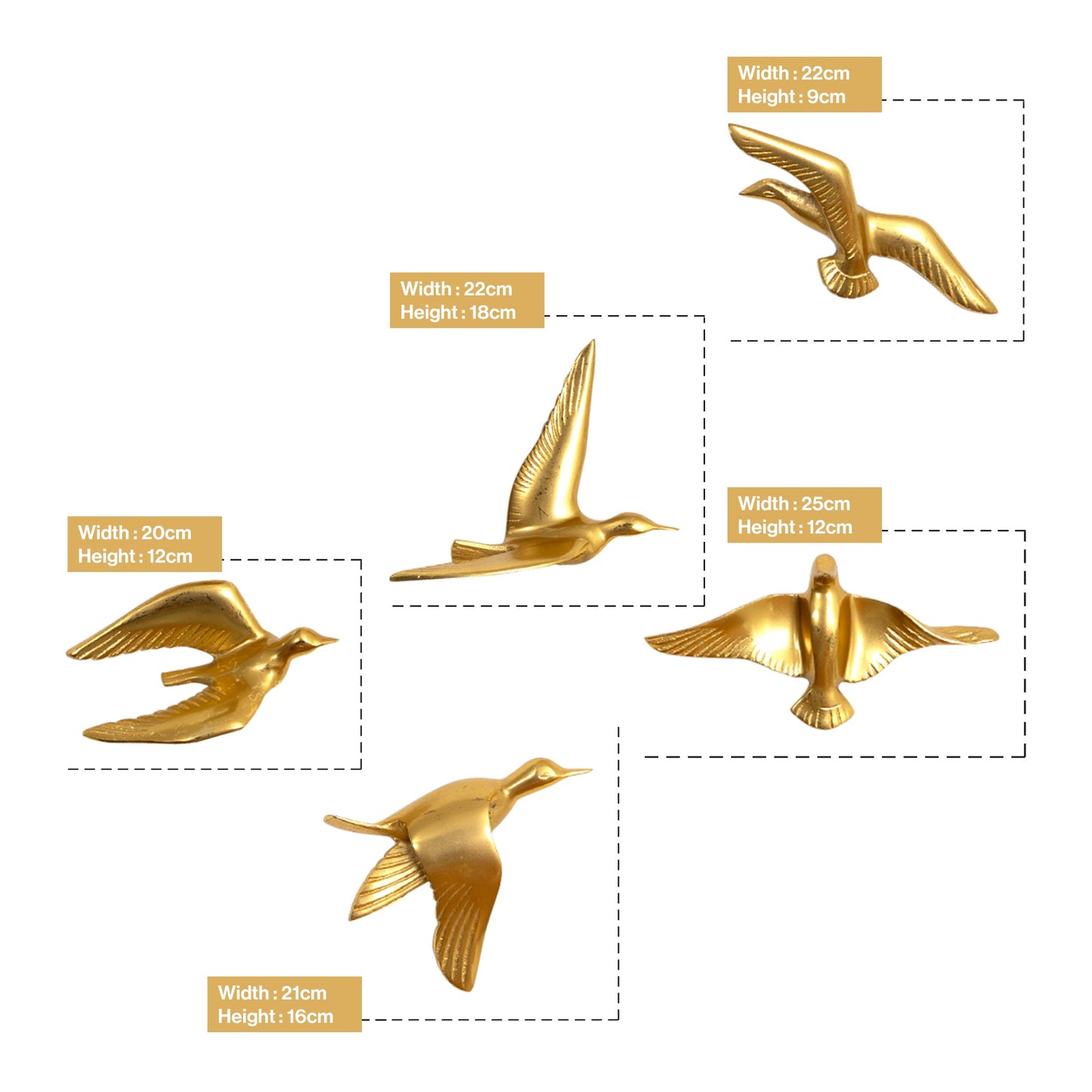 Resin Flying Birds Wall Hanging In Sunlit Aura (Set Of 5)