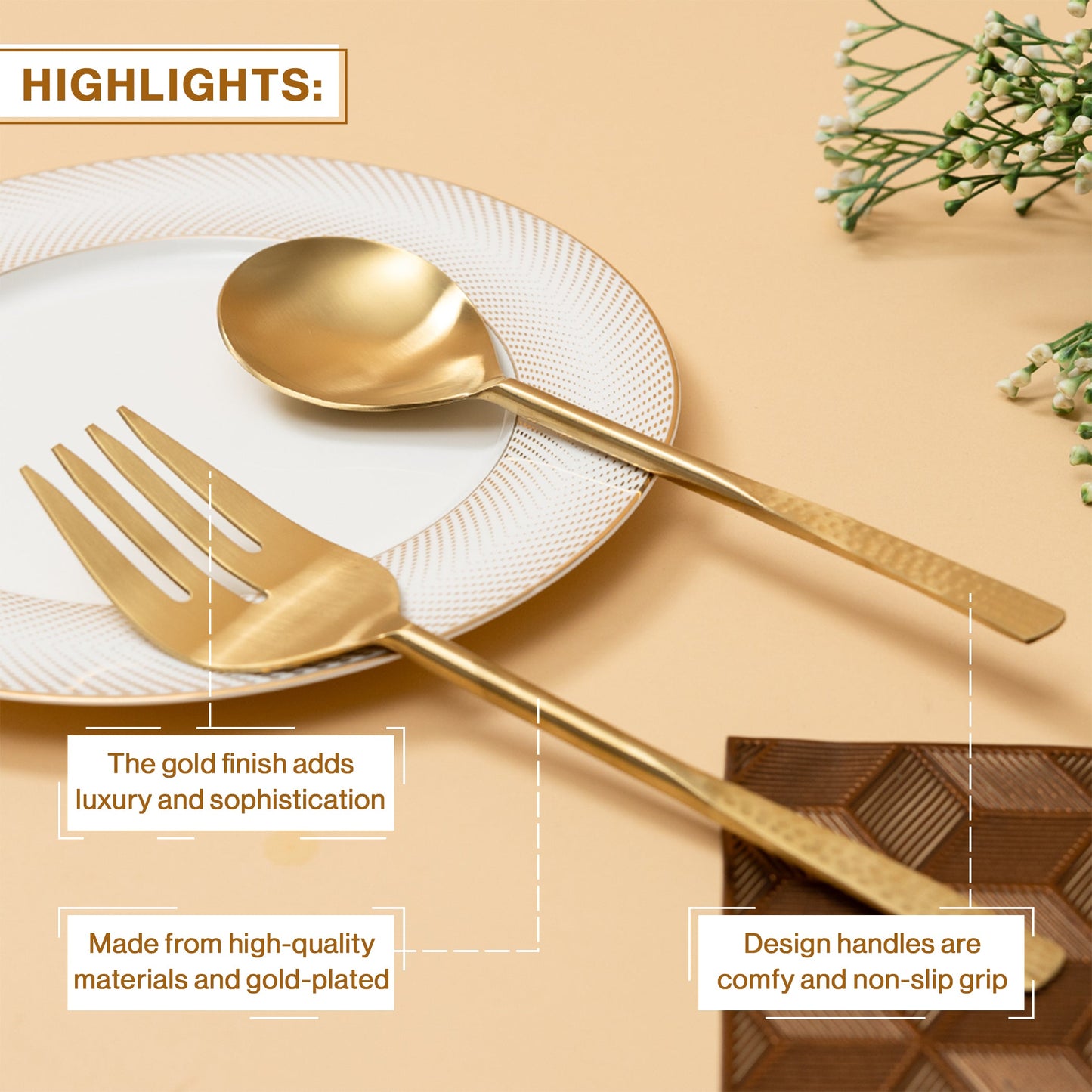 PVD Head Gold Coated Stainless Steel Gold-Toned Cutlery Set Of 2