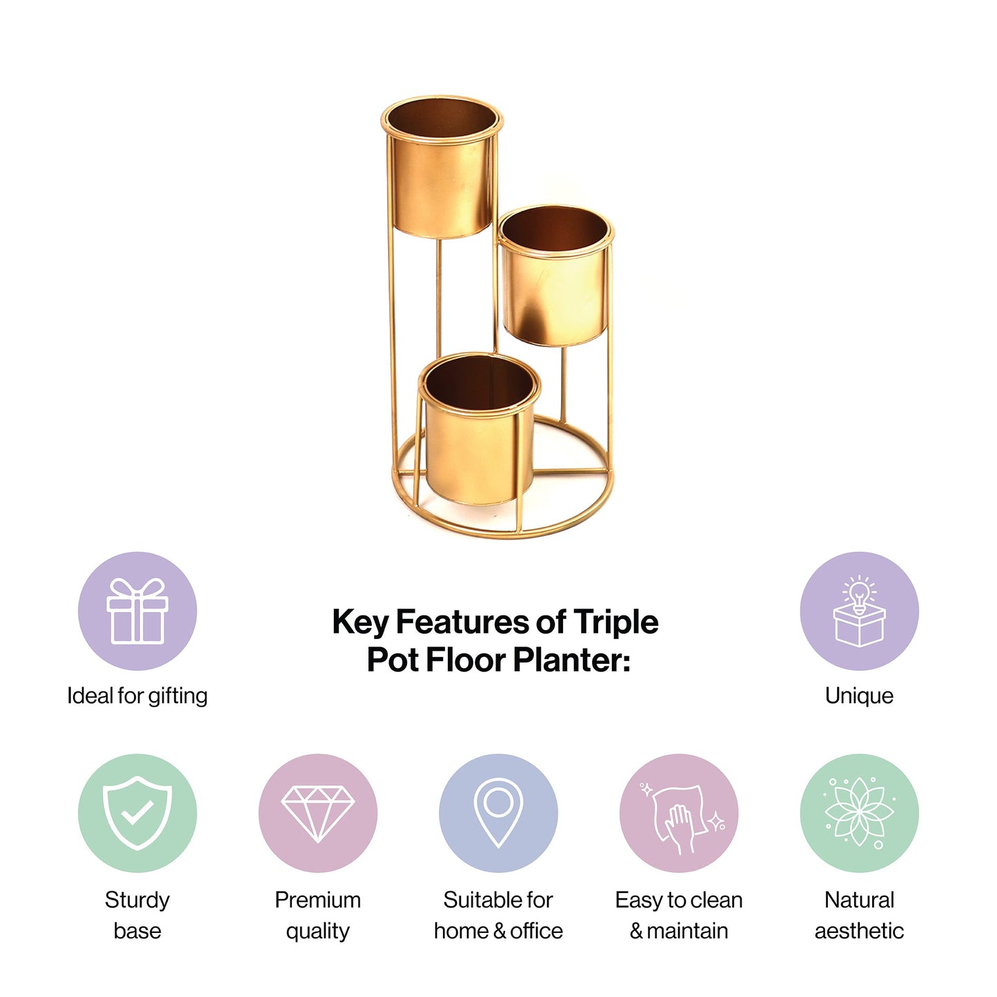 Floor Planter Stand With Triple Pots In Gold Finish