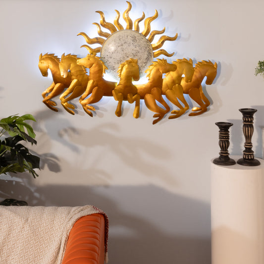 Metal Seven Running Horses with Sunrise Wall Hanging Decor for Home with led light, living room large size