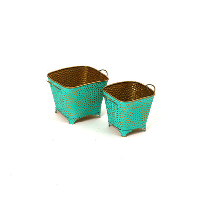 Polka Dotted Square Basket Planter in Green