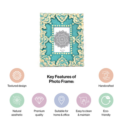 Handcarved Wooden Floral Photo Frame In Sea Green