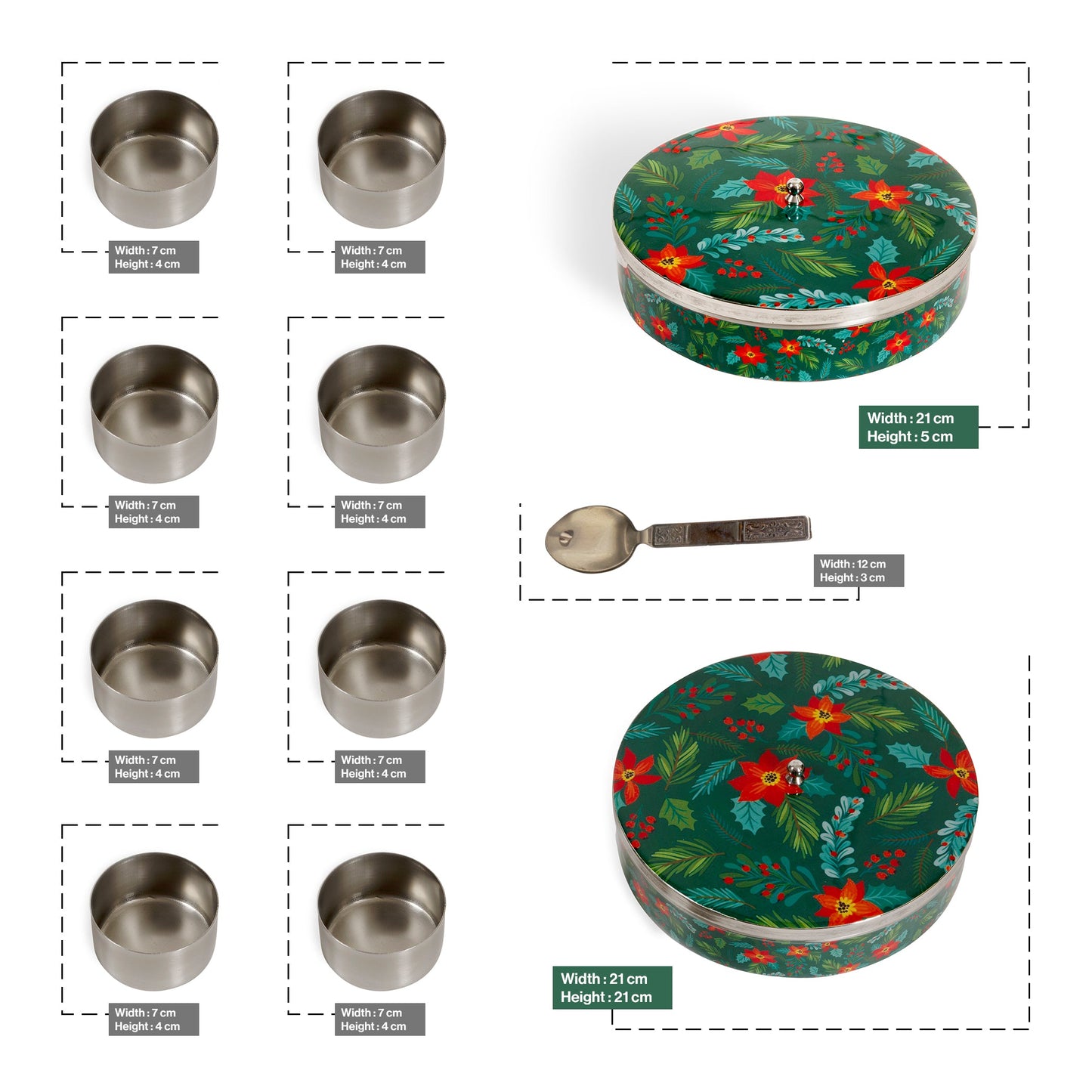 Stainless Steel Round Spice Box Masala Box Dabba for Kitchen Decor-Green Floral Prints Pattern