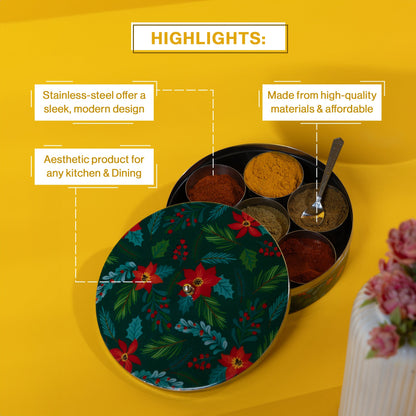 Stainless Steel Round Spice Box Masala Box Dabba for Kitchen Decor-Green Floral Prints Pattern