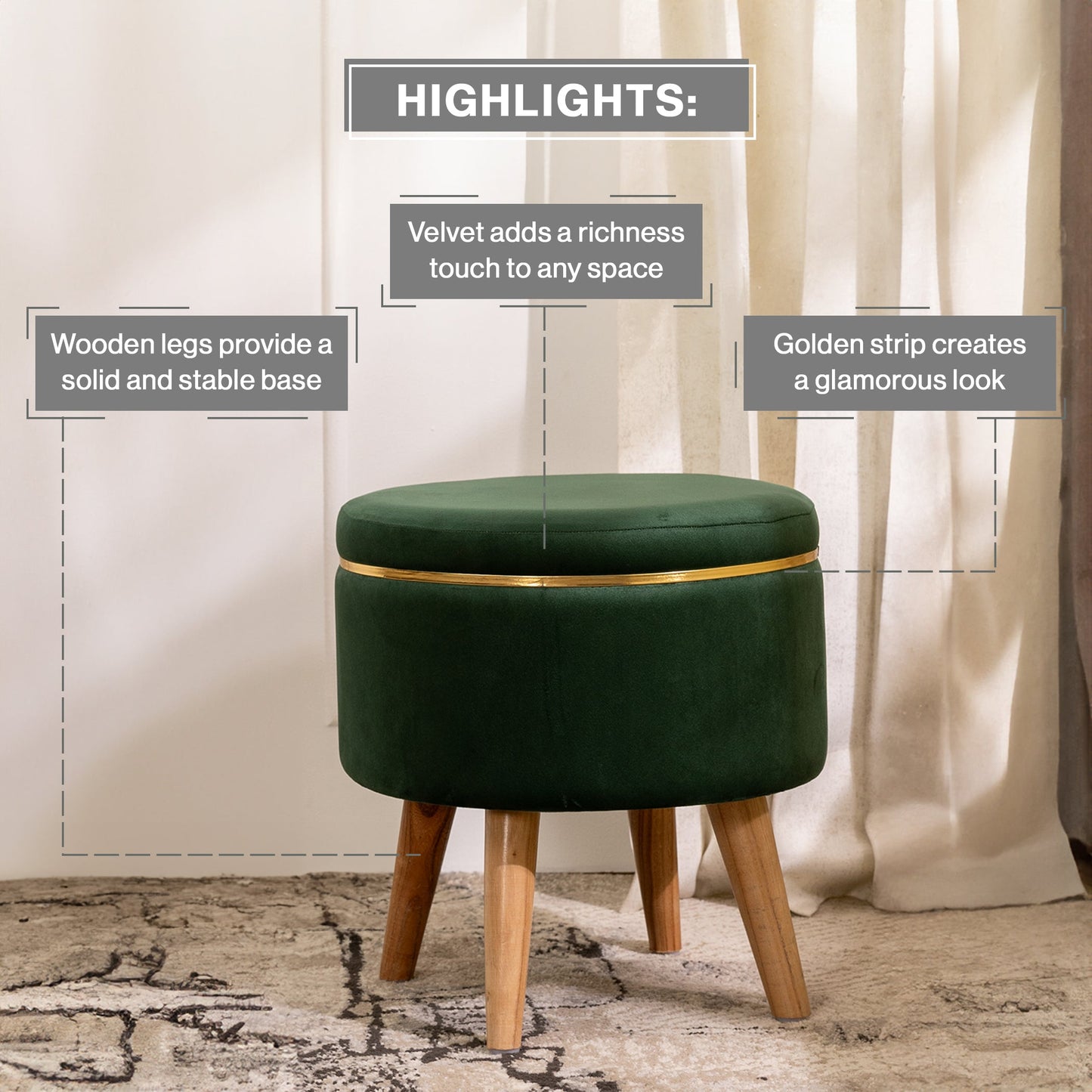 Velvet Ottoman Pouffe Stool with Piping