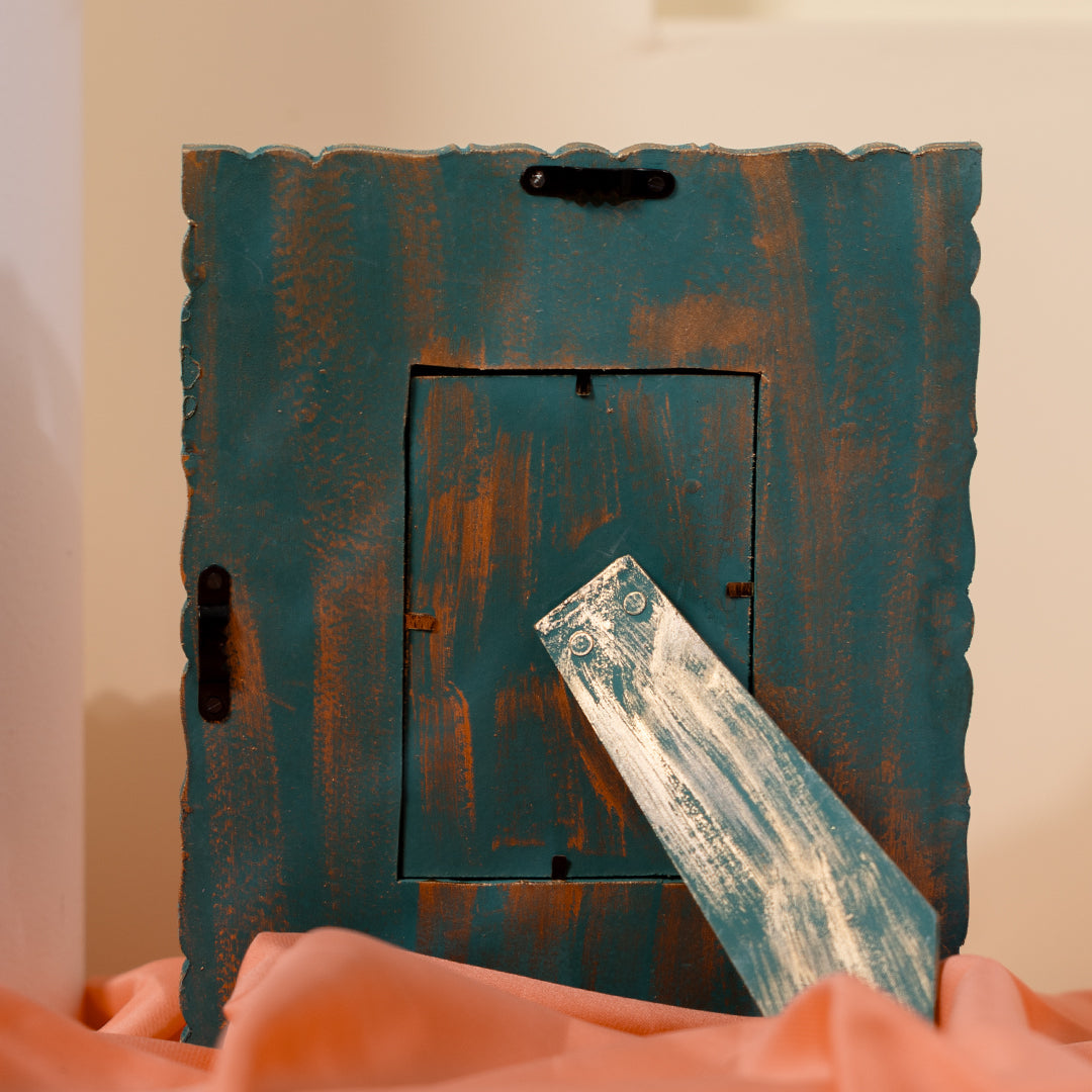 Handcarved Wooden Floral Photo Frame In Sea Green