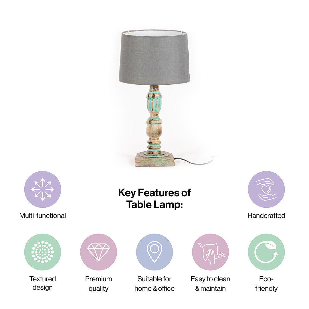 Wooden Piller Table Lamp with Light Blue Shade