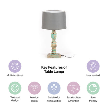 Wooden Piller Table Lamp with Light Blue Shade