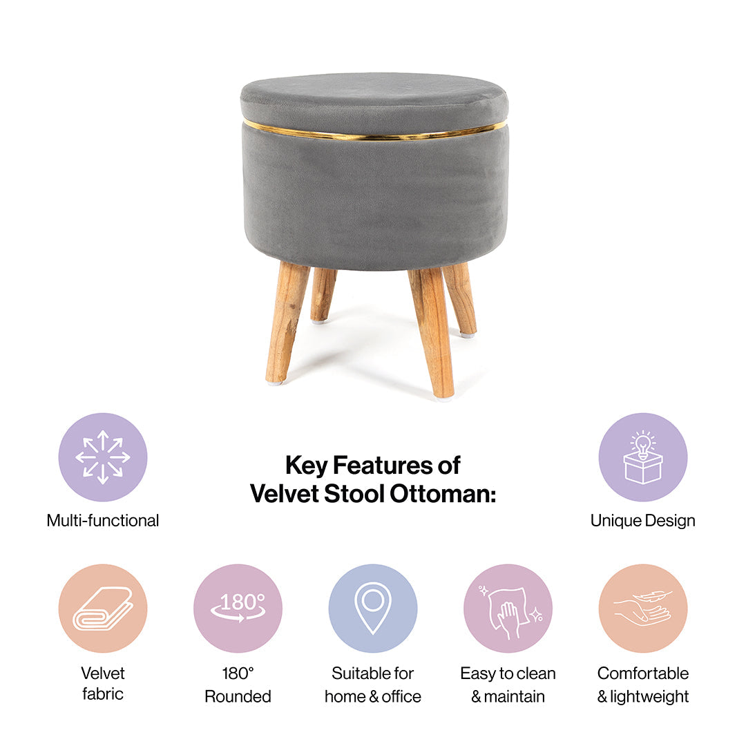 Ottoman Stool With Piping In Moonlit Grey - Combo Of 2