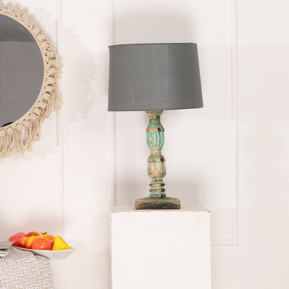 Wooden Piller Table Lamp with Light Blue Shade