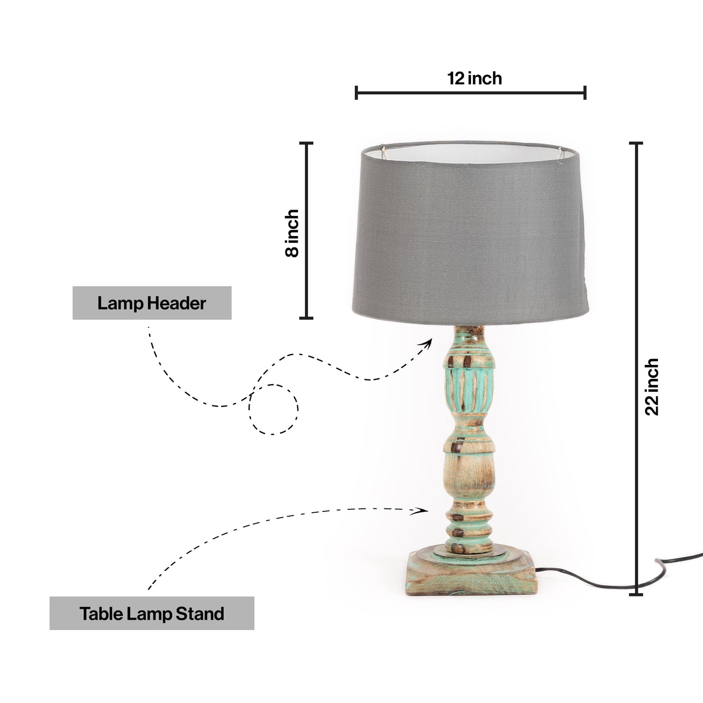 Wooden Piller Table Lamp with Light Blue Shade