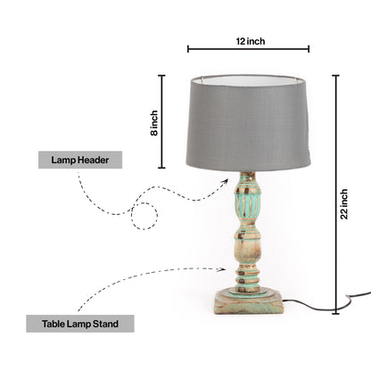 Wooden Piller Table Lamp with Light Blue Shade
