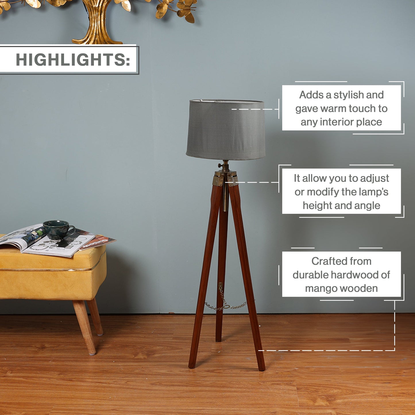 Wooden Crafter Tripod Floor Lamp With Brown Finish