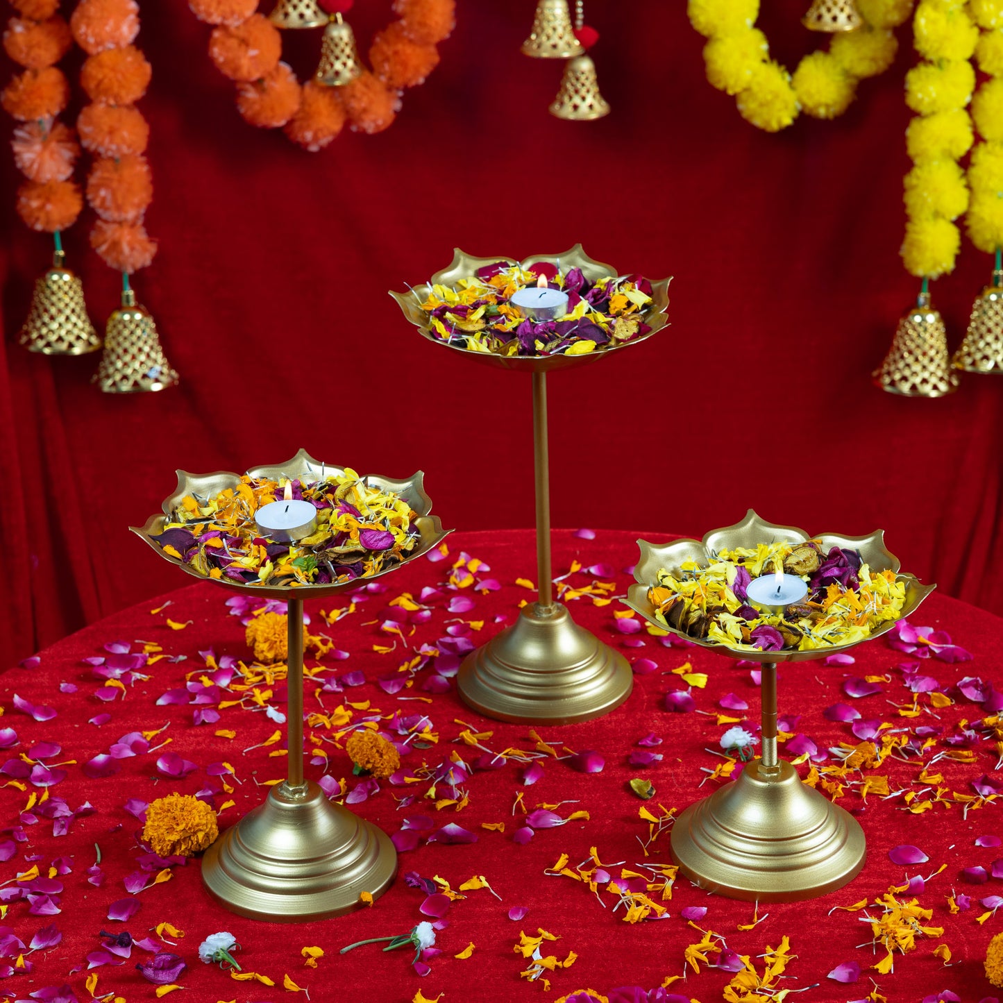 Brass Lotus Urli Bowl with Stand-Set of 3