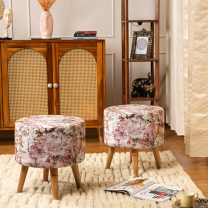 Printed Ottoman Pouff Stool In Cherry Blossoms - Combo Of 2