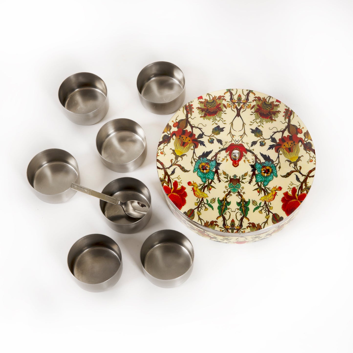 Stainless Steel Round Spice Box Masala Box Dabba for Kitchen Decor-Peach Floral Prints Pattern