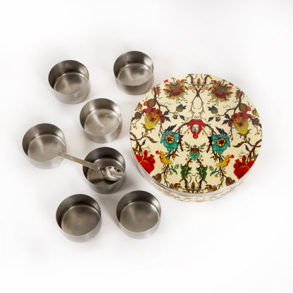 Stainless Steel Round Spice Box Masala Box Dabba for Kitchen Decor-Peach Floral Prints Pattern