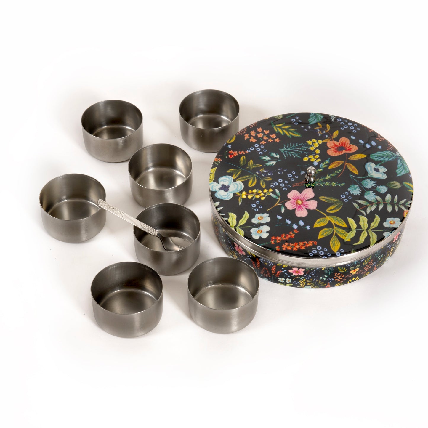 Stainless Steel Round Spice Box Masala Box Dabba for Kitchen Decor-Timberwolf Prints Pattern