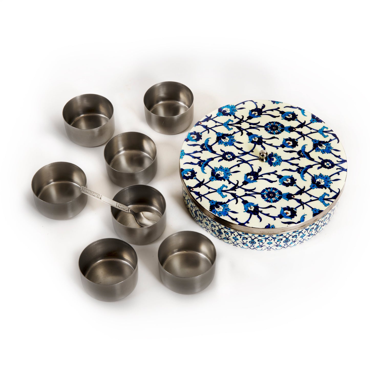 Stainless Steel Round Spice Box Masala Box Dabba for Kitchen Decor-Wild Floral Prints Pattern