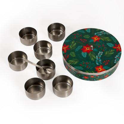 Stainless Steel Round Spice Box Masala Box Dabba for Kitchen Decor-Green Floral Prints Pattern