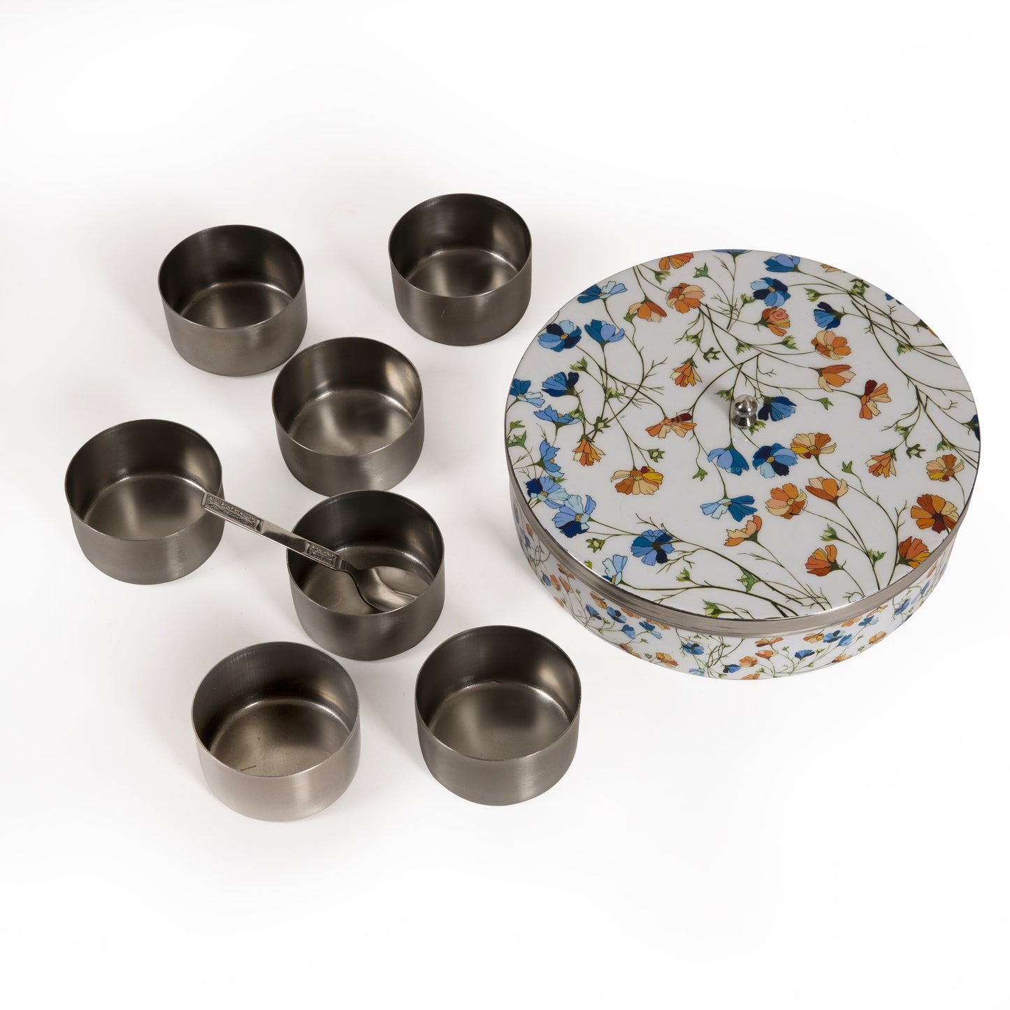 Stainless Steel Round Spice Box Masala Box Dabba for Kitchen Decor-White Floral Prints Pattern