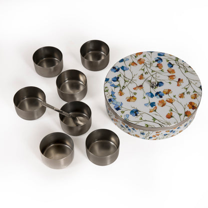 Stainless Steel Round Spice Box Masala Box Dabba for Kitchen Decor-White Floral Prints Pattern