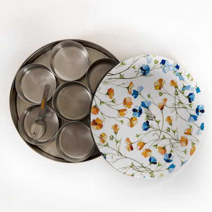 Stainless Steel Round Spice Box Masala Box Dabba for Kitchen Decor-White Floral Prints Pattern