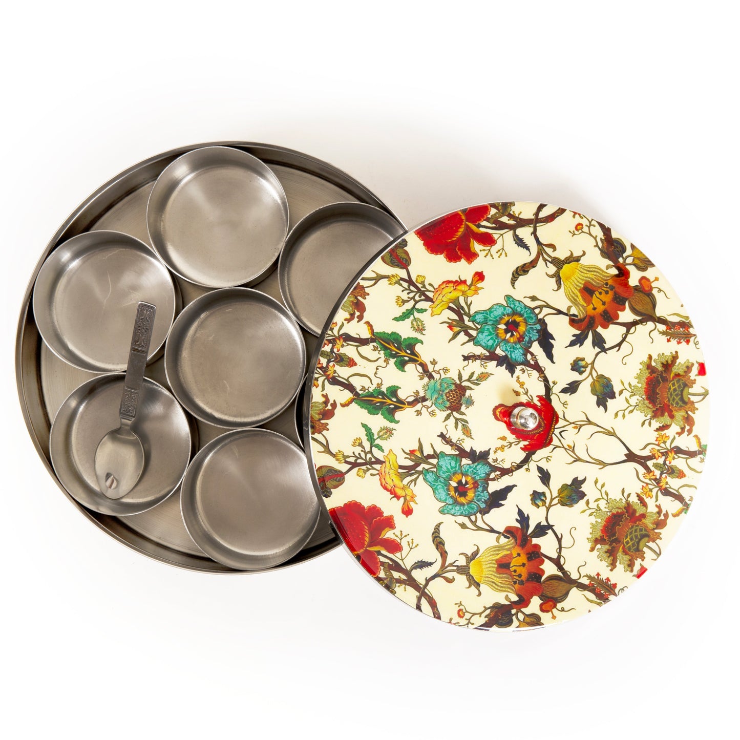 Stainless Steel Round Spice Box Masala Box Dabba for Kitchen Decor-Peach Floral Prints Pattern