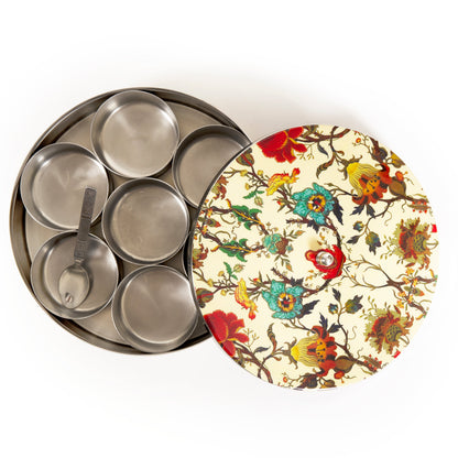 Stainless Steel Round Spice Box Masala Box Dabba for Kitchen Decor-Peach Floral Prints Pattern