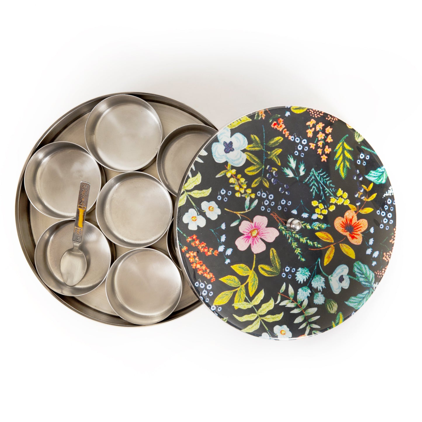 Stainless Steel Round Spice Box Masala Box Dabba for Kitchen Decor-Timberwolf Prints Pattern