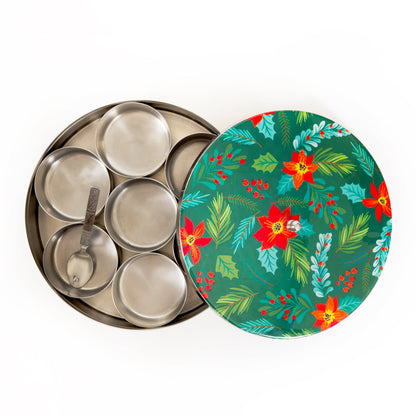 Stainless Steel Round Spice Box Masala Box Dabba for Kitchen Decor-Green Floral Prints Pattern