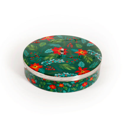 Stainless Steel Round Spice Box Masala Box Dabba for Kitchen Decor-Green Floral Prints Pattern