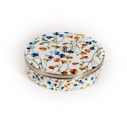 Stainless Steel Round Spice Box Masala Box Dabba for Kitchen Decor-White Floral Prints Pattern