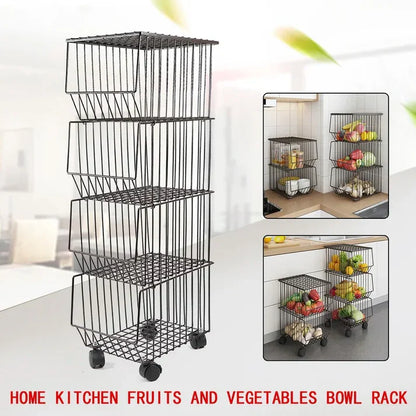 Stackable Rolling Metal Wire Basket With Wheels And Cover In black (4 Tier) For Kitchen Decor