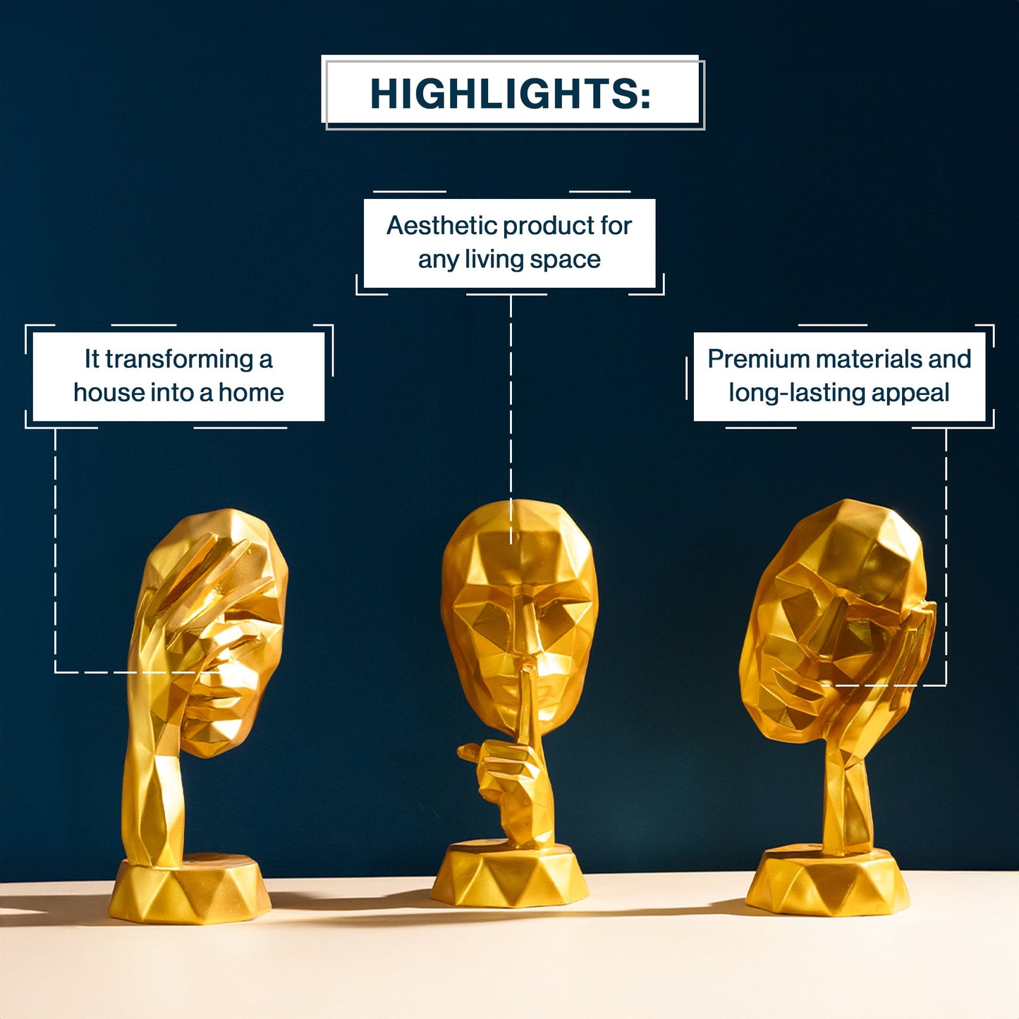 Abstract Woman Face Sculpture in Golden-Set of 3