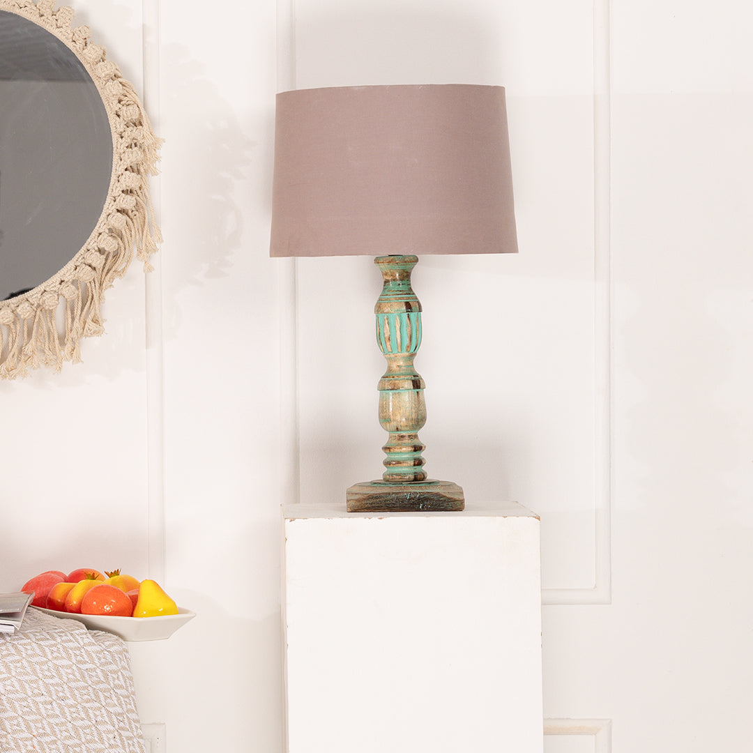 Wooden Piller Table Lamp with Light Blue Shade