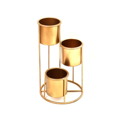 Floor Planter Stand With Triple Pots In Gold Finish